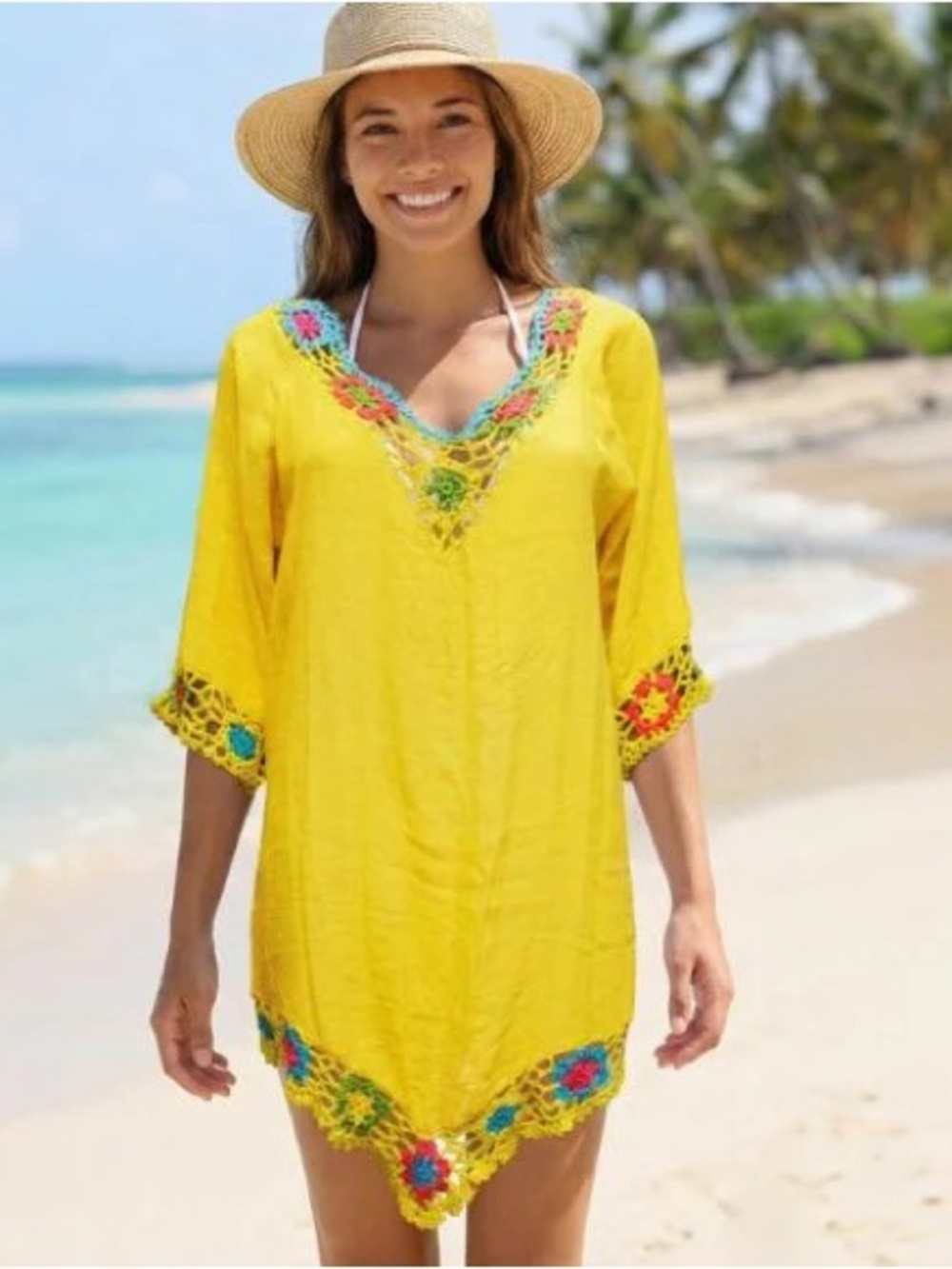 BRAND NEW WITH TAGS Sunny Yellow Floral Crochet Beach Cover Up